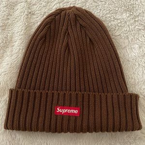 Brown Knitted Supreme Box Logo Beanie (SS21) and Supreme Stickers